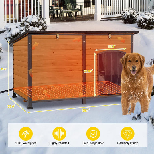 MEDEHOO Heated Dog House Outdoor Extra Large 59" Dog Kennel with Insulation Liner Strong Iron Frame Construction Pet Cage with Insulted Liner Keep Warm in Winter Weatherproof Design, Heater Include AIR63-HP-WM