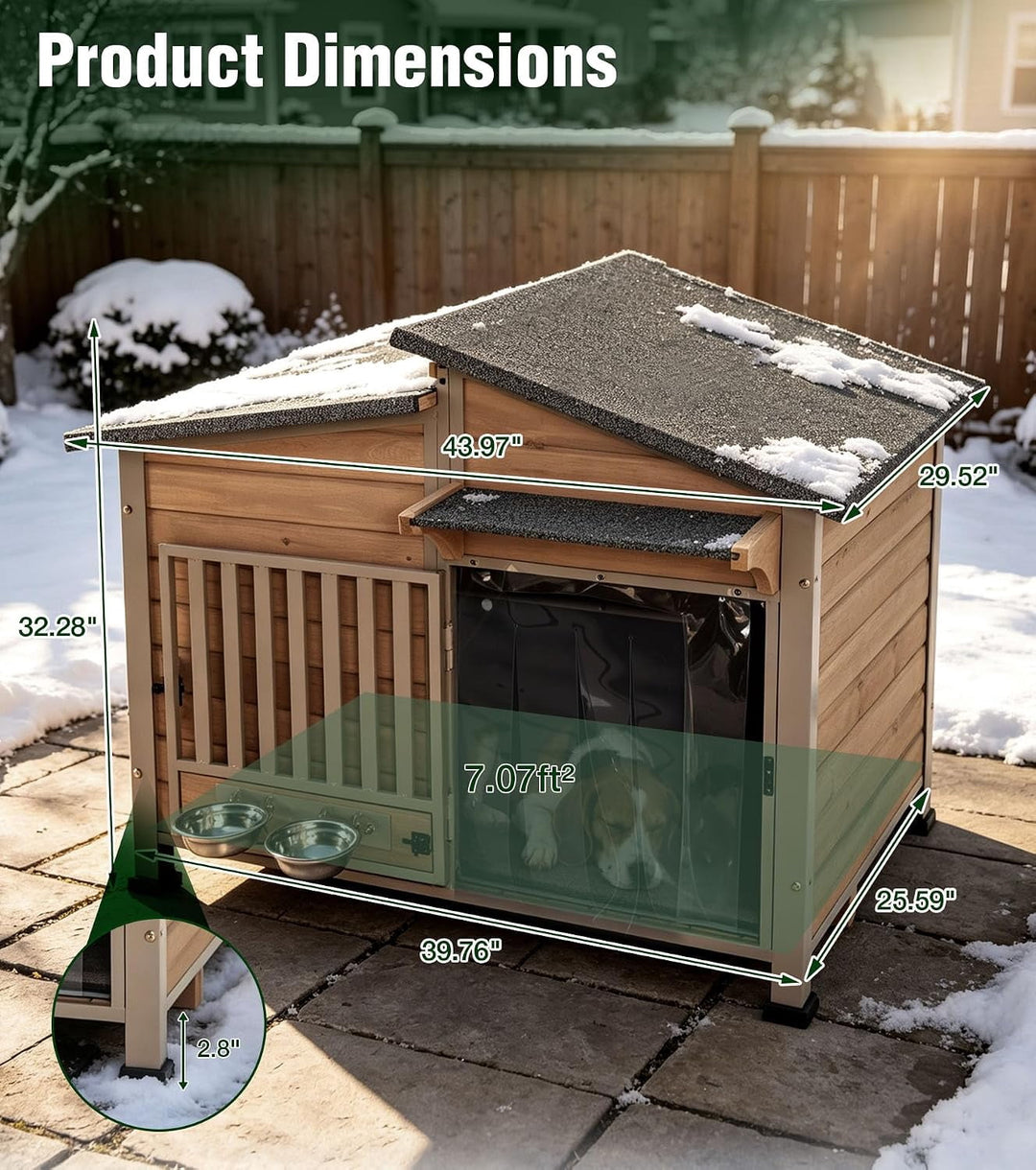 MEDEHOO Heated Dog House Outdoor with Iron Frame and Rotating Bowls Brown reinforced iron frame, safety heating pad, insulated liner, 360° rotating bowls, asphlat waterproof roof, PVC curtain