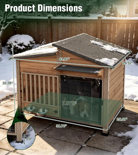 MEDEHOO Heated Dog House Outdoor with Iron Frame and Rotating Bowls Brown reinforced iron frame, safety heating pad, insulated liner, 360° rotating bowls, asphlat waterproof roof, PVC curtain