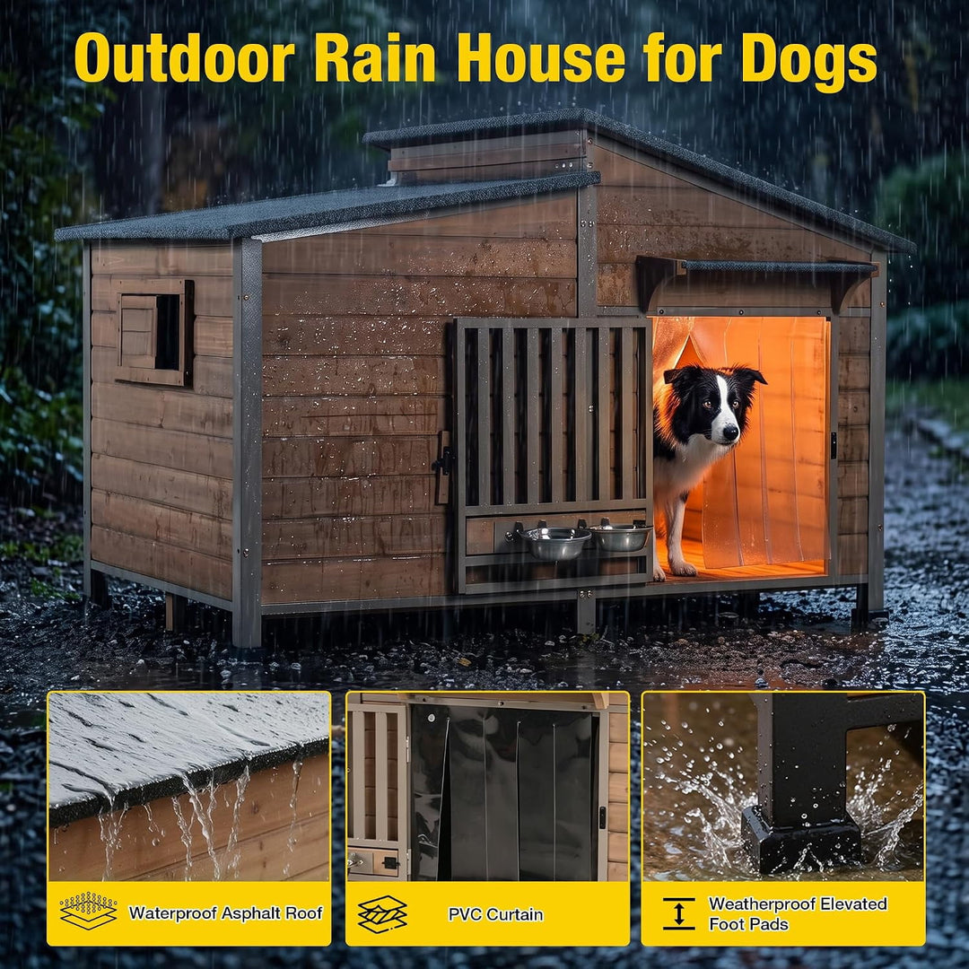 MEDEHOO 60" Heated Dog House Outdoor, Extra Large Insulated Kennel with Chew-Proof Metal Frame &amp; Rotating Bowl