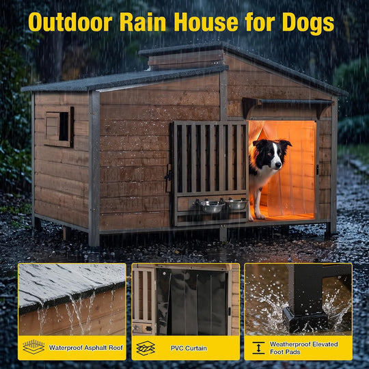 MEDEHOO 60" Heated Dog House Outdoor, Extra Large Insulated Kennel with Chew-Proof Metal Frame &amp; Rotating Bowl