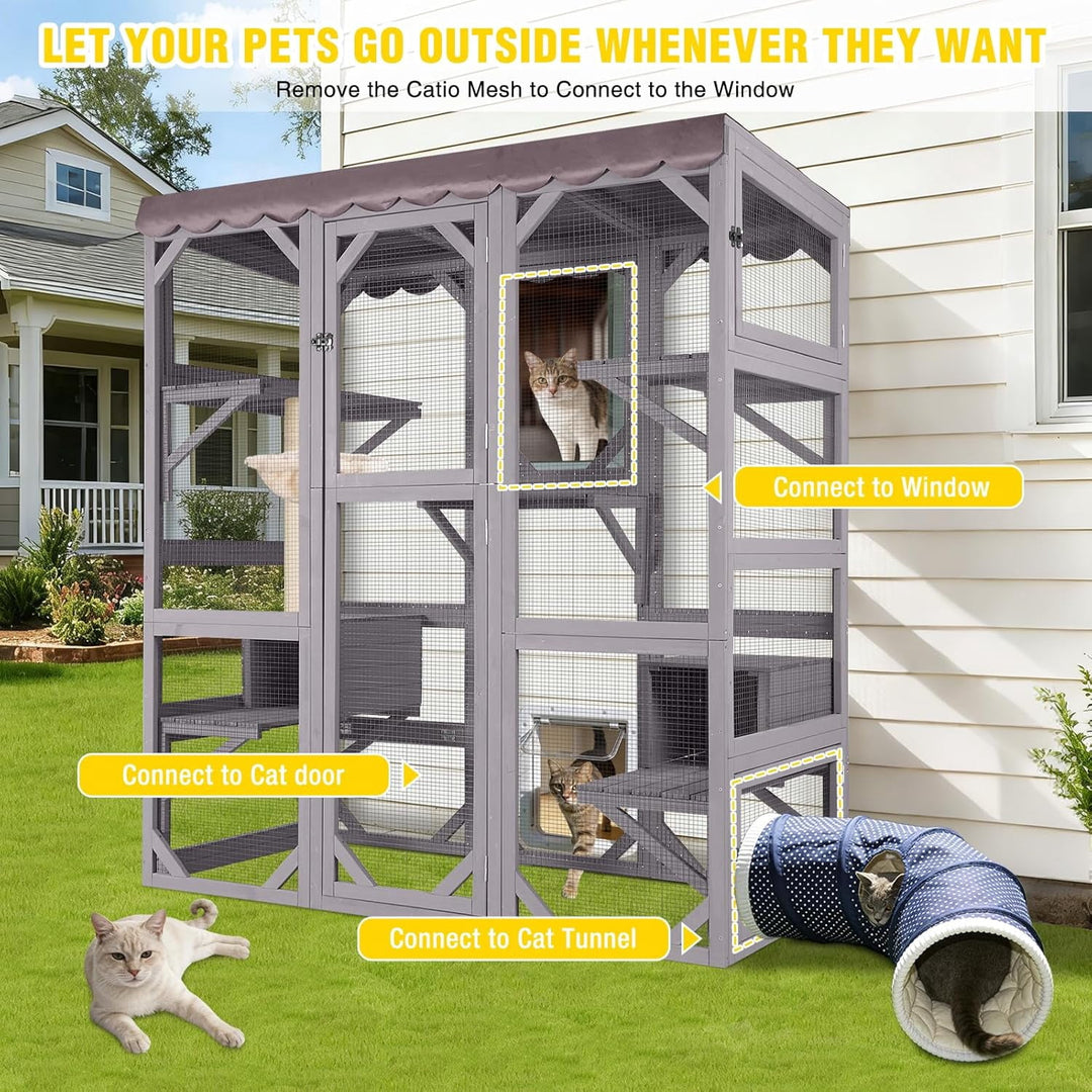MEDEHOO 70" Large Catio Outdoor Cat Enclosure, Window Catio Wooden Cat House Walk-in Cat Cage with 7 Platforms, Scratch Post, Hammock for 2-6 Cats