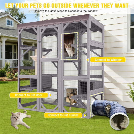 MEDEHOO 70" Large Catio Outdoor Cat Enclosure, Window Catio Wooden Cat House Walk-in Cat Cage with 7 Platforms, Scratch Post, Hammock for 2-6 Cats
