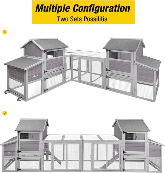 MEDEHOO Mobile Chicken Coop with Wheels Expandable Hen House with Two-Section Nesting Box, Predator-Resistant Locks, UV-Resistant Roof, Large Poultry Cage, Gray AIR27-WM