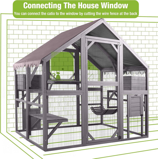 BUTINGLALE Catio Outdoor Cat Enclosures Wooden Cat House with Rest Houses, Platforms, Bridge, and Waterproof UV Cover - 55" D AIR52-MJ
