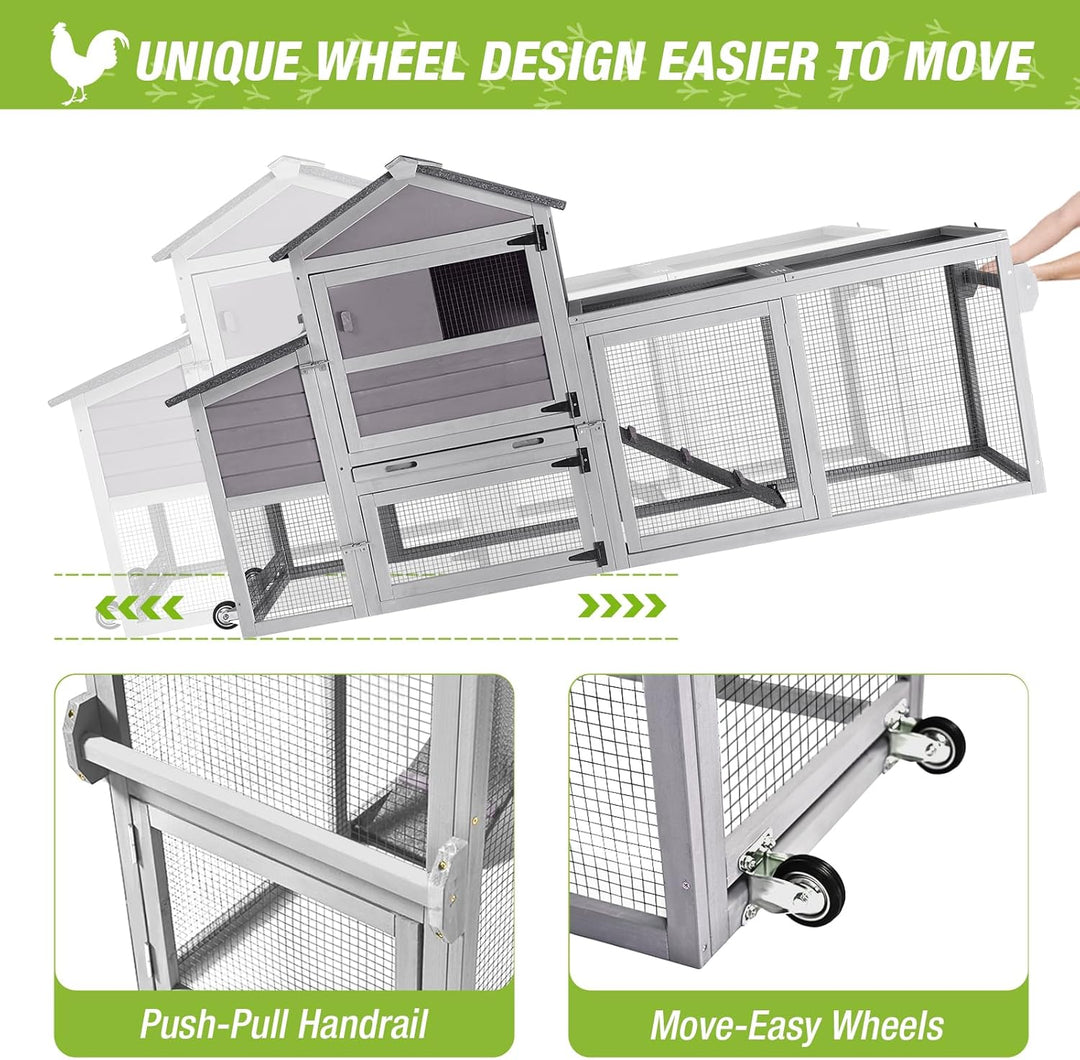 MEDEHOO Chicken Coop Mobile Hen House On Wheels Easy to Move Wooden Poultry Cage with Nesting Box,Opening Wire Netting Roof AIR72-J-WM