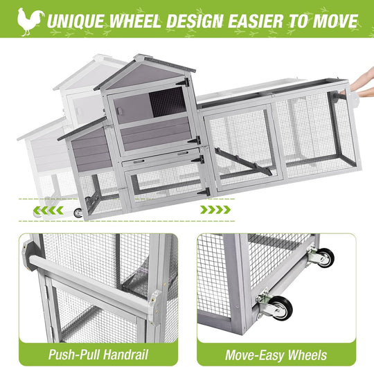 MEDEHOO Chicken Coop Mobile Hen House On Wheels Easy to Move Wooden Poultry Cage with Nesting Box,Opening Wire Netting Roof AIR72-J-WM
