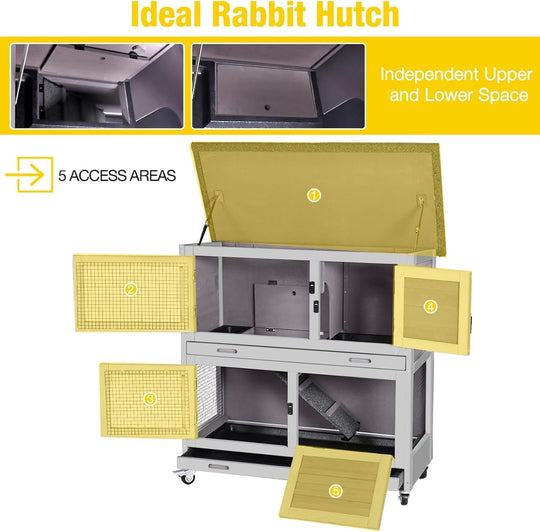 MEDEHOO 36" L Rabbit Hutch Indoor Bunny Cage Outdoor 2 Story Bunny Hutch with Weatheproof Roof Pull-Out Tray Ramp Large Guinea Pig Cage on Wheels