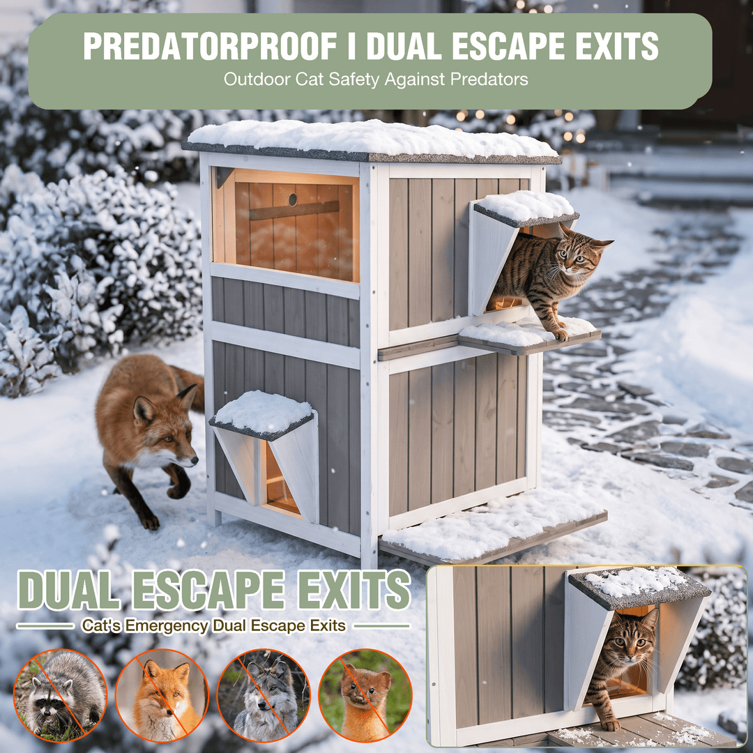 MEDEHOO Heated Cat House with Heating Pad &amp; Insulated Liner for Winter, Insulated Outdoor Cat House for Outdoor Indoor, Weatherproof Two Story Cat Shelter for Feral &amp; Stray Cats, Brown AIR14-WBR-HP-WM