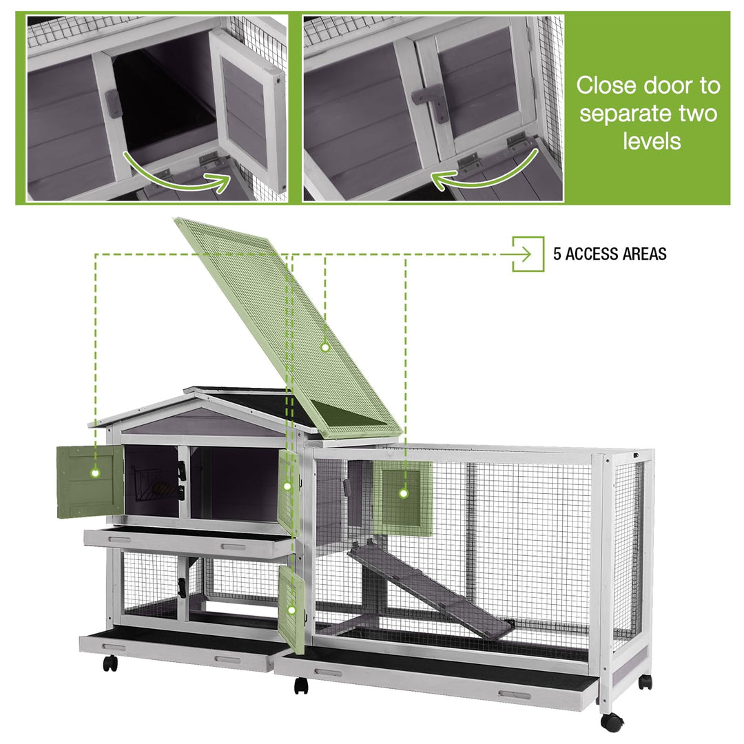 Rabbit Hutch 62" Mobile Bunny Cage Outdoor Indoor on Wheels with 3 Tray BSR199