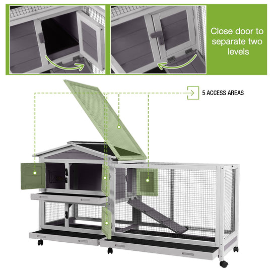 Rabbit Hutch 62" Mobile Bunny Cage Outdoor Indoor on Wheels with 3 Tray BSR199