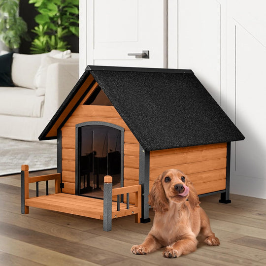 MEDEHOO Outdoor Dog House with All-Around Insulated Liner Weatherproof Puppy Shelter Indoor Dog Kennel, Anti-Bite Dog Home for Large Breed with Porch (Brown (Heated Liner), Medium)