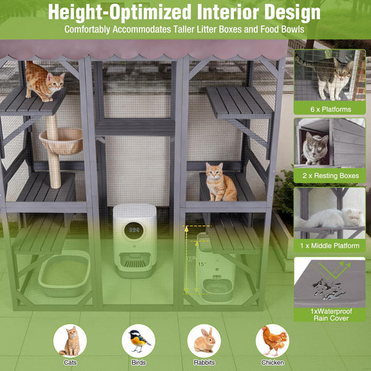 MEDEHOO Catio Outdoor Cat Enclosure - 70" Large Wooden Cat House with 5 Platforms, 2 Napping Boxes &amp; Weatherproof Asphalt Roof, Walk-in Kitty Condo for Multiple Cats
