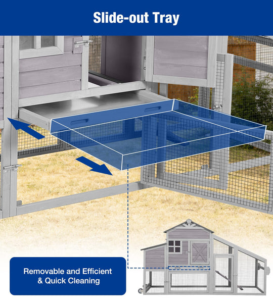 MEDEHOO Mobile Chicken Coop with Run, Large Wooden Chicken House with Wheels, Duplex Hen House with Nesting Box, Slide-Out Tray, Waterproof Roof, Accommodates 2-4 Chickens - Grey