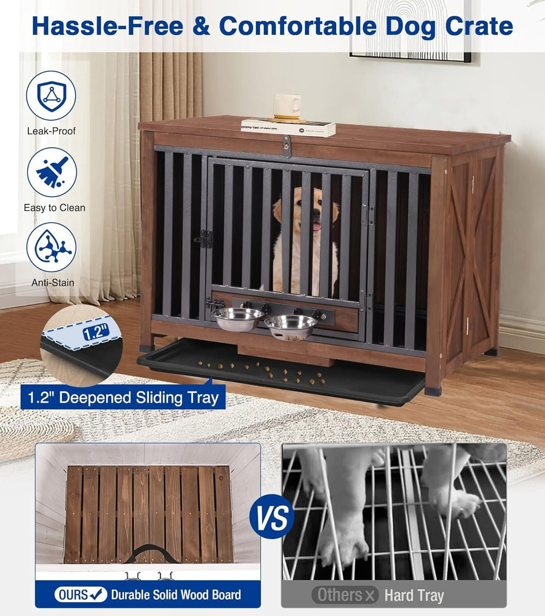 MEDEHOO Dog Crate Furniture, Foldable Wooden Dog Kennel Furniture with 360° Rotating Feeding Bowls, Iron Frame Dog Crate with Deepened Sliding Tray , 39.4" L Brown