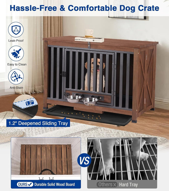 MEDEHOO Dog Crate Furniture, Foldable Wooden Dog Kennel Furniture with 360° Rotating Feeding Bowls, Iron Frame Dog Crate with Deepened Sliding Tray , 39.4" L Brown
