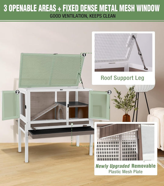 MEDEHOO Guinea Pig Cage Indoor Rabbit Hutch with Chew-Proof Edges - Brown