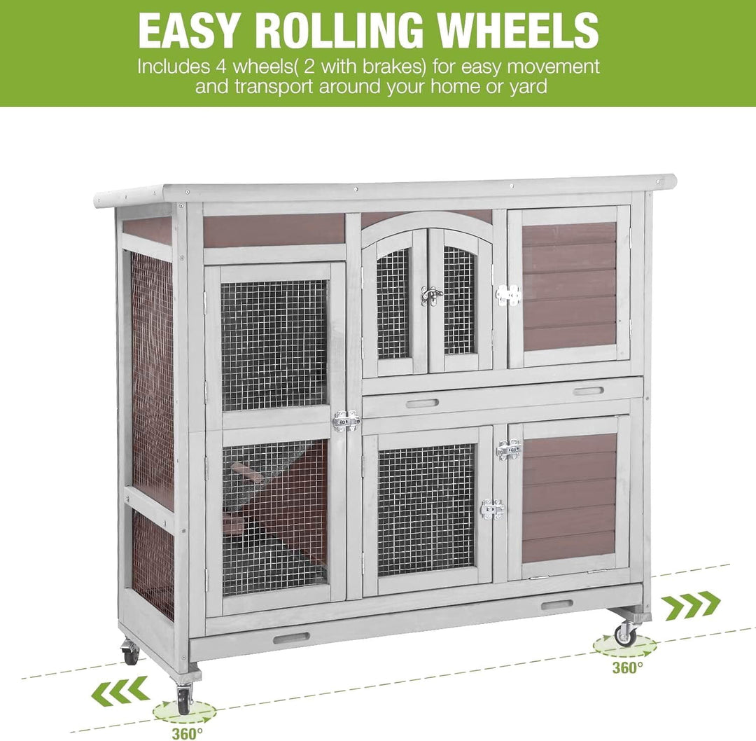 MEDEHOO 2-Tier Indoor Rabbit Hutch Bunny Hutch Guinea Pig Cage with Plastic Trays, Wheels &amp; Ramp 47.2" Multi-Door Wooden Rabbit Cage for Rabbits, Bunnies, and Guinea Pigs (Brown) AIR006-D-WM