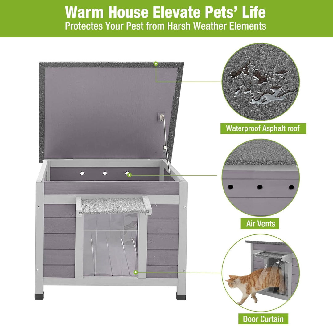 MEDEHOO Wooden Outdoor Cat House, Weatherproof Feral Cat Shelter with Rabbit Hutch, Easy Clean Openable Roof