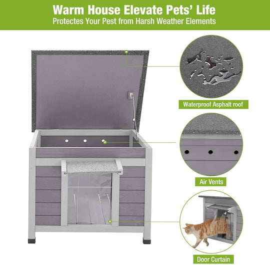 MEDEHOO Wooden Outdoor Cat House, Weatherproof Feral Cat Shelter with Rabbit Hutch, Easy Clean Openable Roof