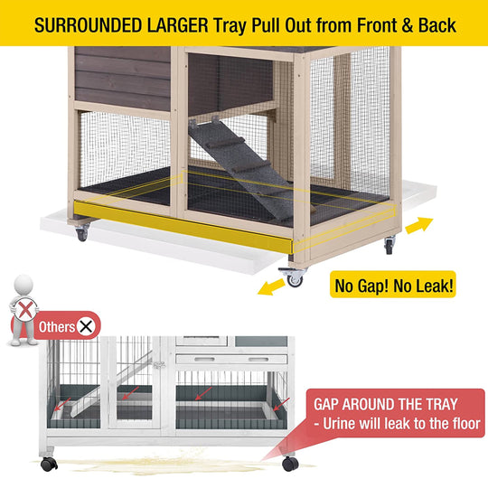 MEDEHOO Wooden Rabbit Hutch with Two Slide Tray Outdoor Bunny Cage Indoor Guinea Pig Habitat - Coffee
