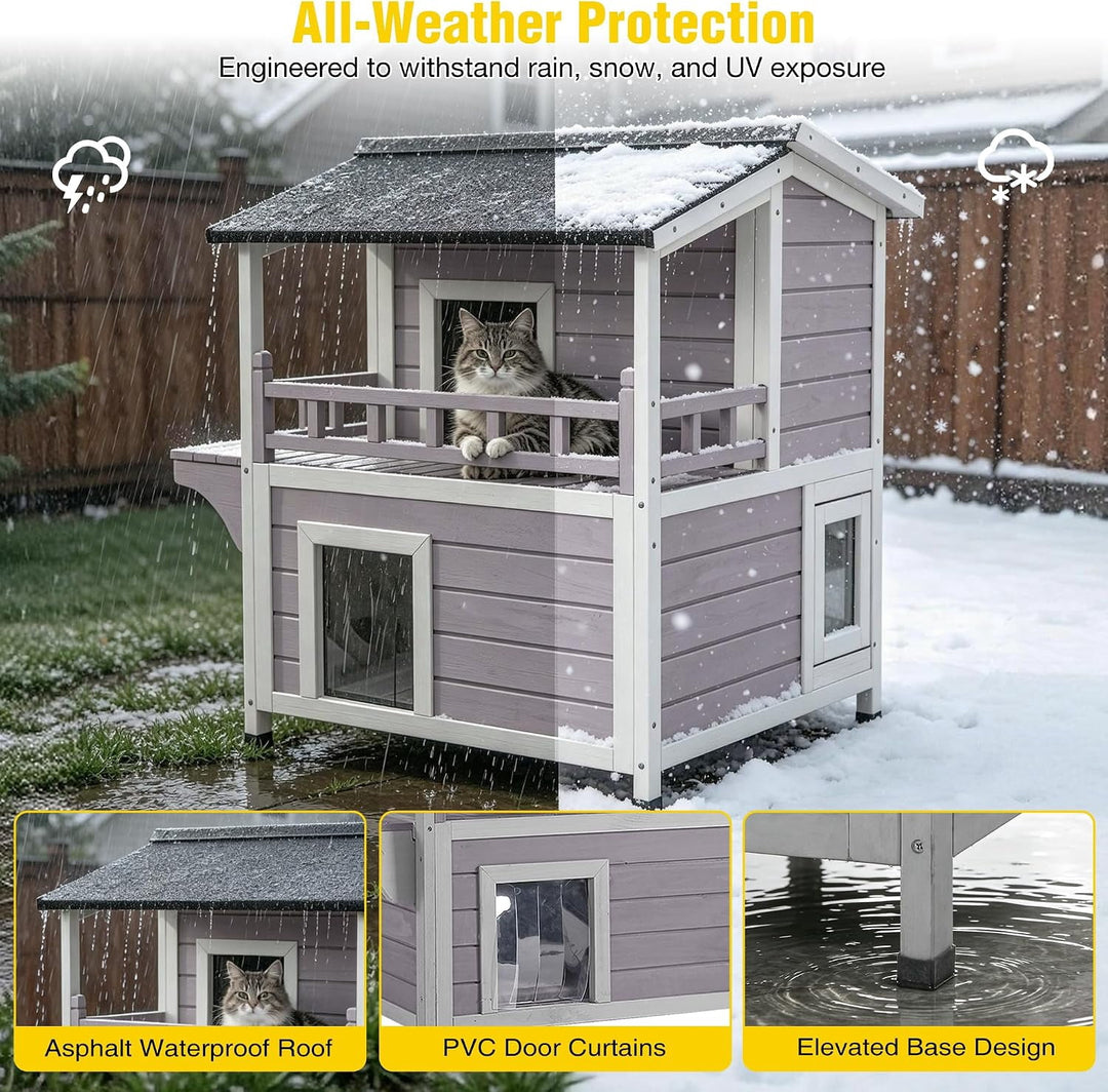 MEDEHOO 2 Story Heated Cat House for Outside Outdoor Cat House Insulated Weatherproof Feral Cat Shelter with Heated Pad, Insulated All-Round Thermal Liner, Chewproof Cable for 1-4 Cats in Winter AIR33-IN-HP-MC-WM