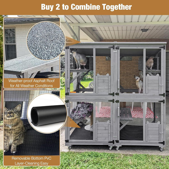 MEDEHOO 71 " Outdoor Catio Cat Enclosure , Kitty House Indoor with Perches and Condos Large Cat Shelter -Waterproof Catio Shelter with Wheels