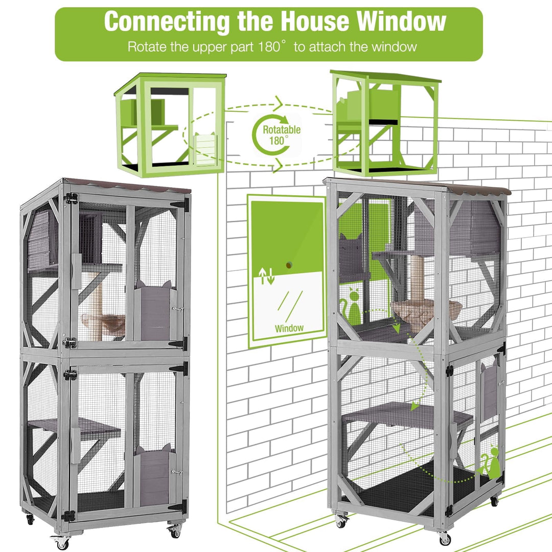 MEDEHOO Catio Outdoor Cat Enclosure on Wheels, Outdoor Cat House with Resting Box, PVC Layer, Waterproof Roof, 62.5" AIR22-M-L-WM