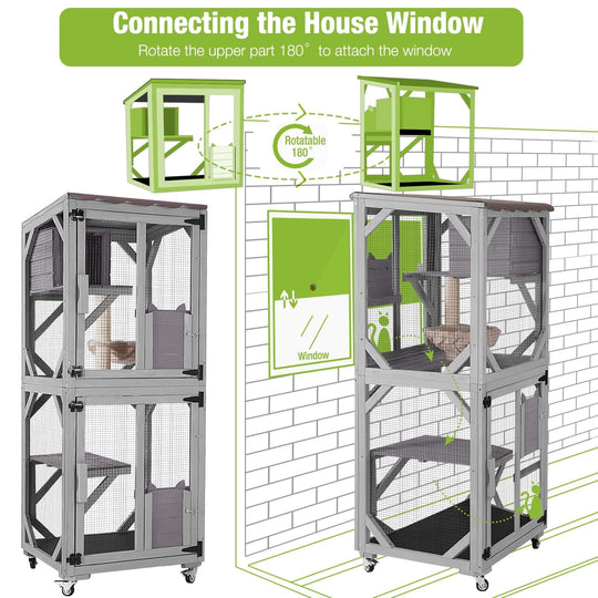 MEDEHOO Catio Outdoor Cat Enclosure on Wheels, Outdoor Cat House with Resting Box, PVC Layer, Waterproof Roof, 62.5" AIR22-M-L-WM