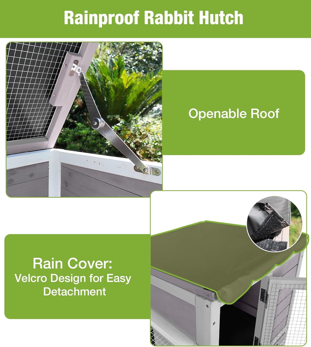 MEDEHOO Duplex Rabbit Hutch Indoor with Chew-Proof Frame &amp; 2 Leak-Proof Sliding Trays, Rain Cover, Wooden Guinea Pig Cages with Wheels - Grey AIR7013-G-2-AD-WM