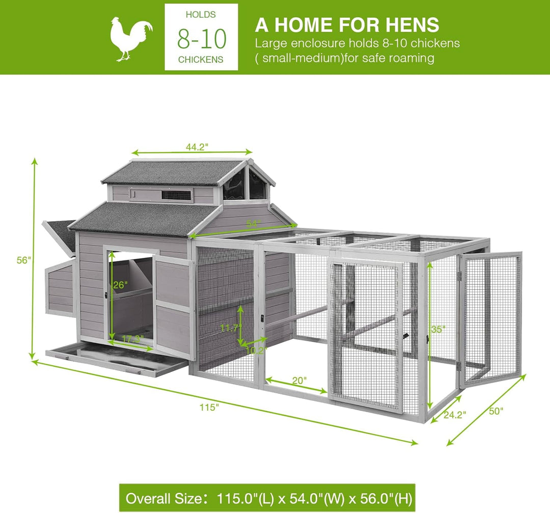 MEDEHOO Chicken Coop Large Hen House for 8-10 Chickens Wooden Poultry Cage with Run and Nesting Box 115in AIR49-N