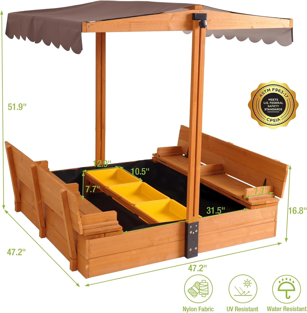 Wooden Sandbox Backyard Sand Box with Cover, Outdoor Sandbox for Kids with 3 Toy Bins