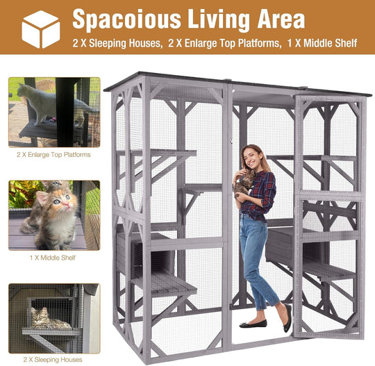 MEDEHOO Large Catio Outdoor Cat Enclosure, 5-Tier Cat Playpen with Window Access, Extra Large, Grey
