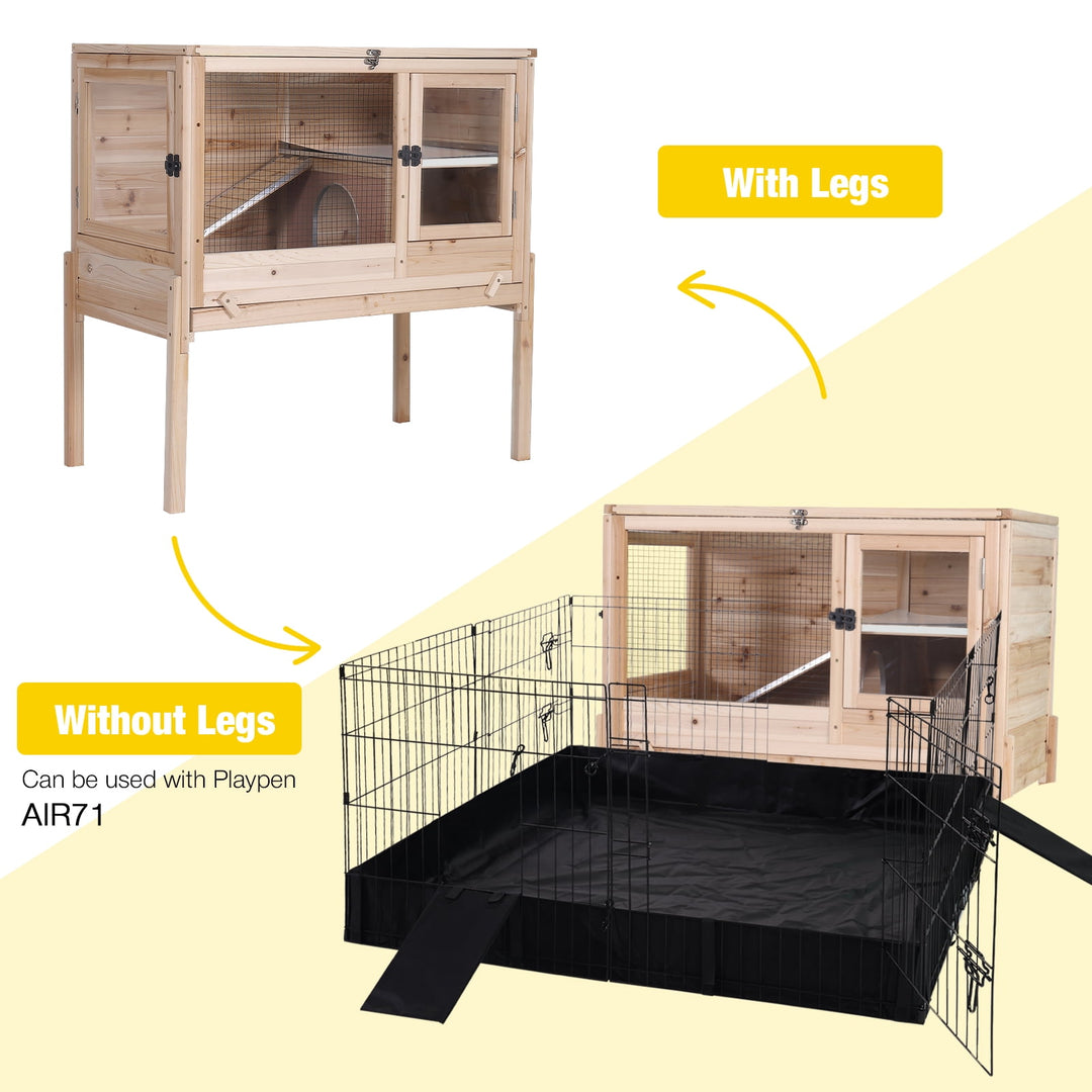 MEDEHOO Wooden Guinea Pig Cages Indoor with Removable Stand, Anti Chewing Rabbit Hutch with Ramp and Wire Mesh, 2 Story Small Animals House Habitat with Pull Out Tray, Natural