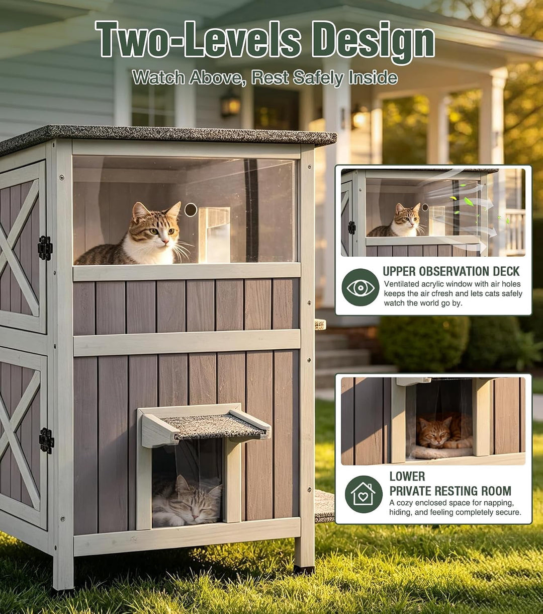 Avituvin Outdoor Cat House, 2-Level Feral Cat Shelter, Weatherproof Asphalt Roof, PVC Curtain, Jumping Platforms, Elevated Floor