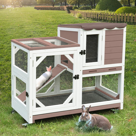 MEDEHOO 2-Story Rabbit Hutch with Chew-Proof Ramp &amp; Pull-Out Trays - Indoor/Outdoor 39.3" Wooden Rabbit Cage on Wheels for Rabbits, Guinea Pigs RH-AIR7013-MB