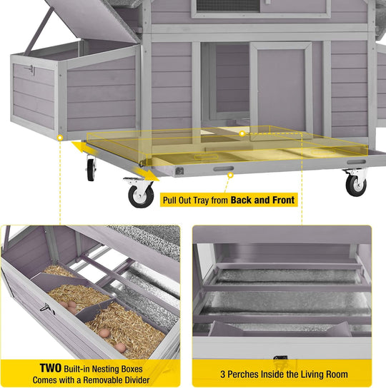 MEDEHOO Portable Chicken Coops Poultry Cage with Wheels, Outdoor Hen House with Nesting Box, Outdoor Duck House Weatherproof Mobile Chicken House with Wheels AIR67-WM2
