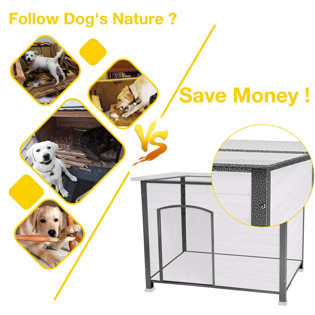 MEDEHOO Indoor Outdoor Dog House,Anti-Chewing Iron Frame Dog Kennel,Wood Warm Pets Home,Weatherproof Outside Shelter GUT75-WM