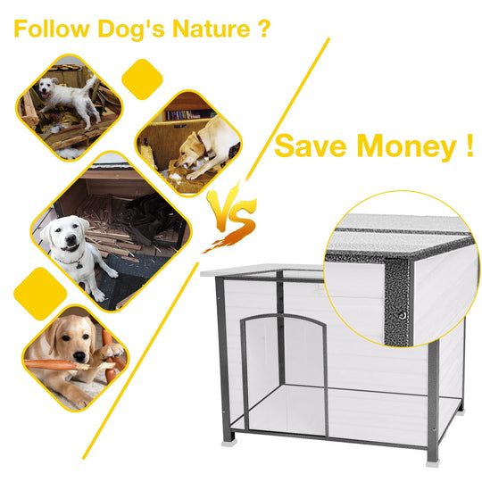 MEDEHOO Indoor Outdoor Dog House,Anti-Chewing Iron Frame Dog Kennel,Wood Warm Pets Home,Weatherproof Outside Shelter GUT75-WM