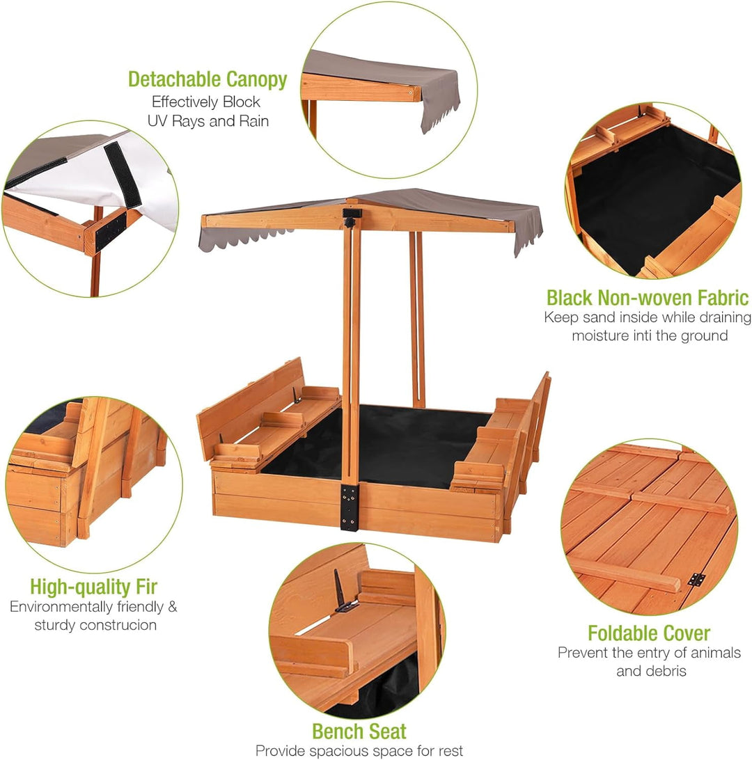 MEDEHOO Sandbox for Kids with Lid and Canopy, Sand Boxes with Covers Foldable Bench Seats, Children Outdoor Wooden Playset - Retractable Roof