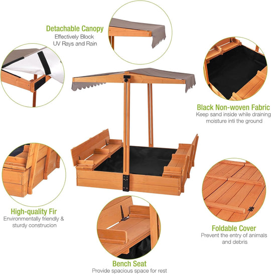 MEDEHOO Sandbox for Kids with Lid and Canopy, Sand Boxes with Covers Foldable Bench Seats, Children Outdoor Wooden Playset - Retractable Roof