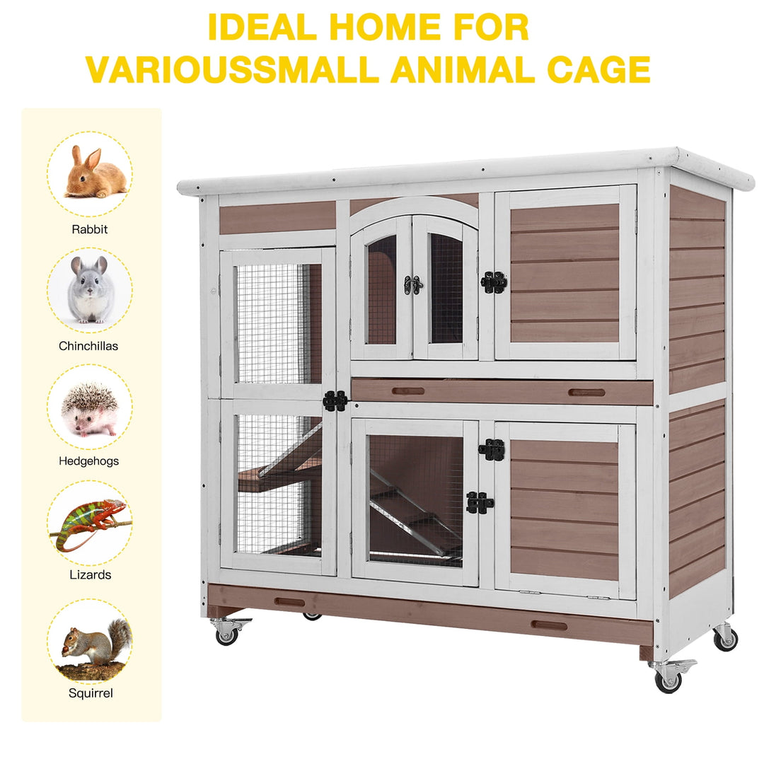 MEDEHOO Rabbit Hutch Indoor Bunny House Guinea Pig Cage with Sliding Plastic Trays, Wheels &amp; Ramp, 47.2" Multi-Door Wooden Small Animal Cage for Rabbits Bunnies, and Guinea Pigs, Brown AIR06 D-A11-WM