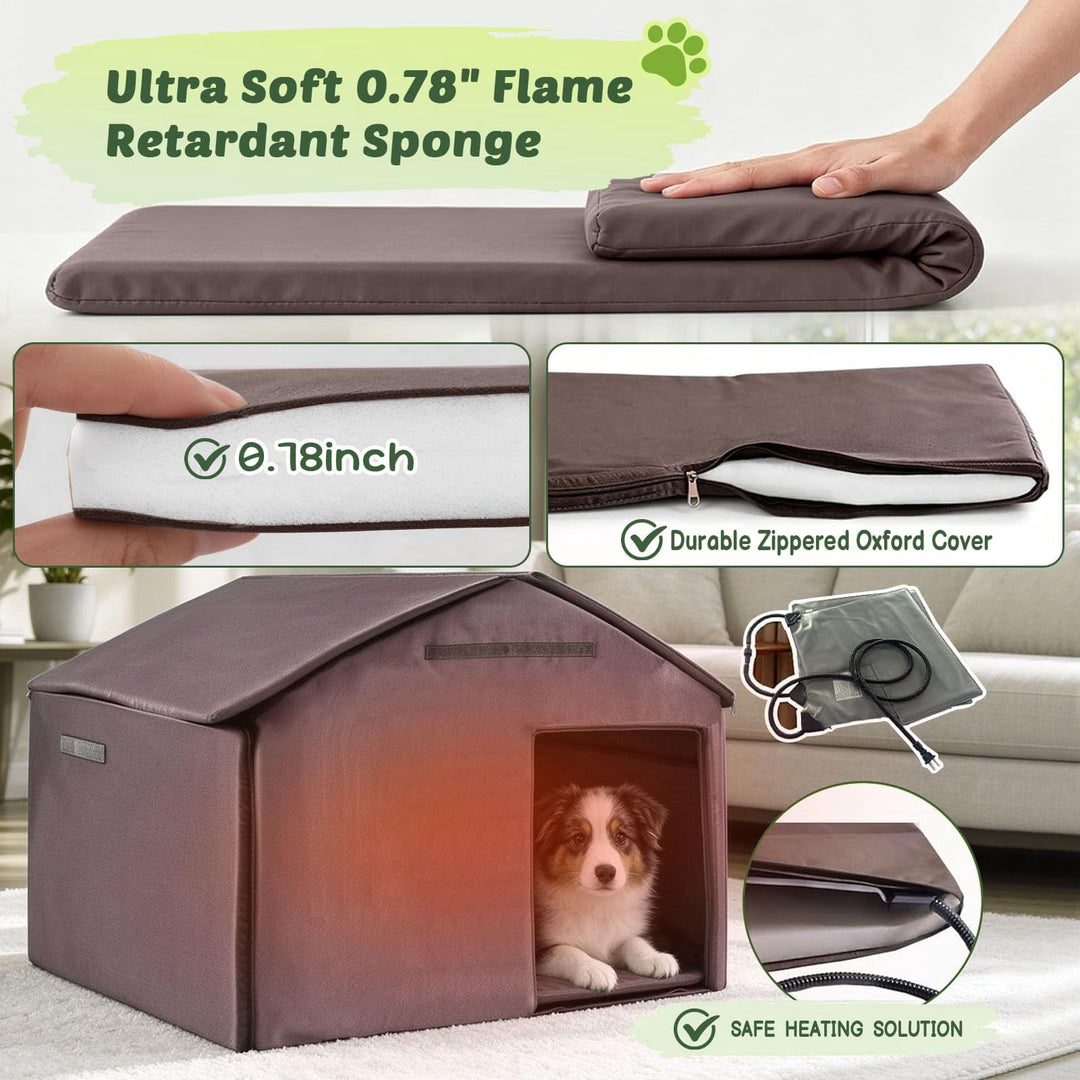 MEDEHOO Heated Dog House Outdoor Insulated Wood Kennel with Bowl  Weatherproof  Dog Crate with Full Metal Frame Heated Pad for Small to Large Dog Breeds