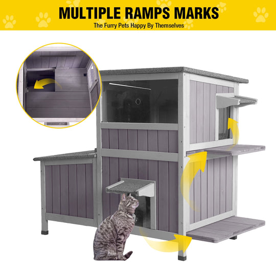 MEDEHOO Outdoor Cat House, Waterproof 2-Story Feral Cat Shelter for Outdoor and Indoor Use, Gray
