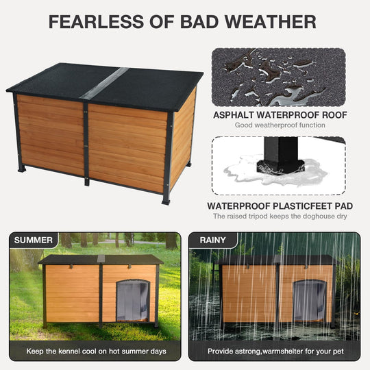Large Heated Dog House with Heated Liner for Outdoor - Waterproof Outside Dog Kennel for Medium and Large Dog with All-Around Iron Frame - Brown GUT63-IN-HP-WM