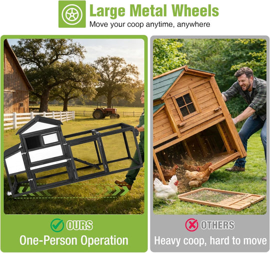 MEDEHOO Mobile Chicken Coop with Wheels for 2-4 Chickens, Expandable Wooden Hen House with Divided Nesting Box, Reinforced Coop Balcony, Roosting Perch, Metal Pull-Out Tray, 82.4" L (Black ＆ White)