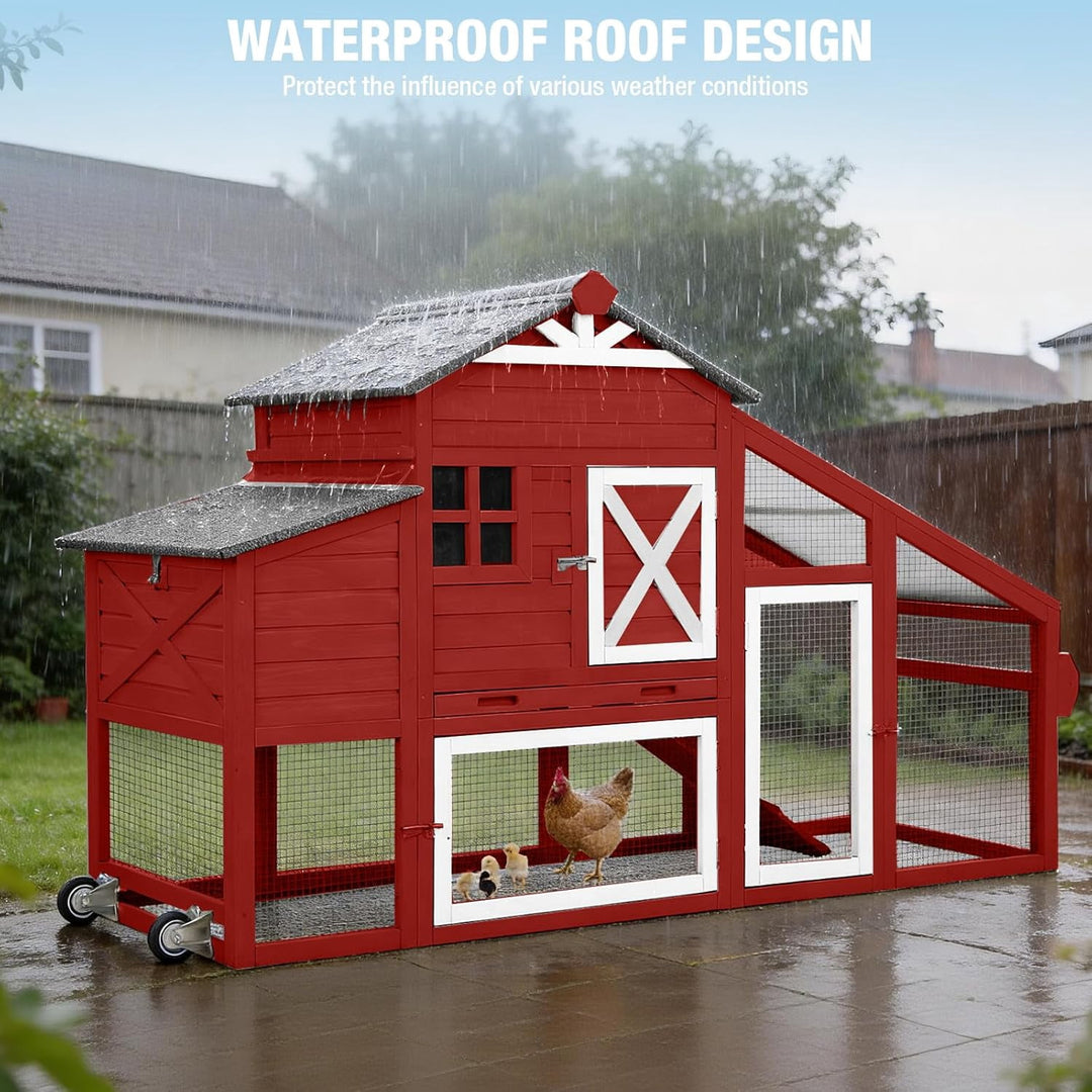 MEDEHOO Chicken Coop Mobile Chicken House on Wheels, Rabbit Hutch Bunny Cage Expandable Wooden Poultry Cage with Large Nesting Box Leakproof Pull-Out Tray,UV-Resistant Roof (Red) KAIR32-R-WM