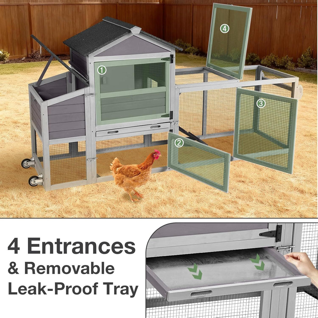 MEDEHOO Mobile Wooden Chicken Coop with Wheels, Large Chicken House with Nesting Box &amp; Removable Tray Outdoor Hen House (Grey, 45.3”L×26.8”W×35.4”H) AIR72-D14-WM