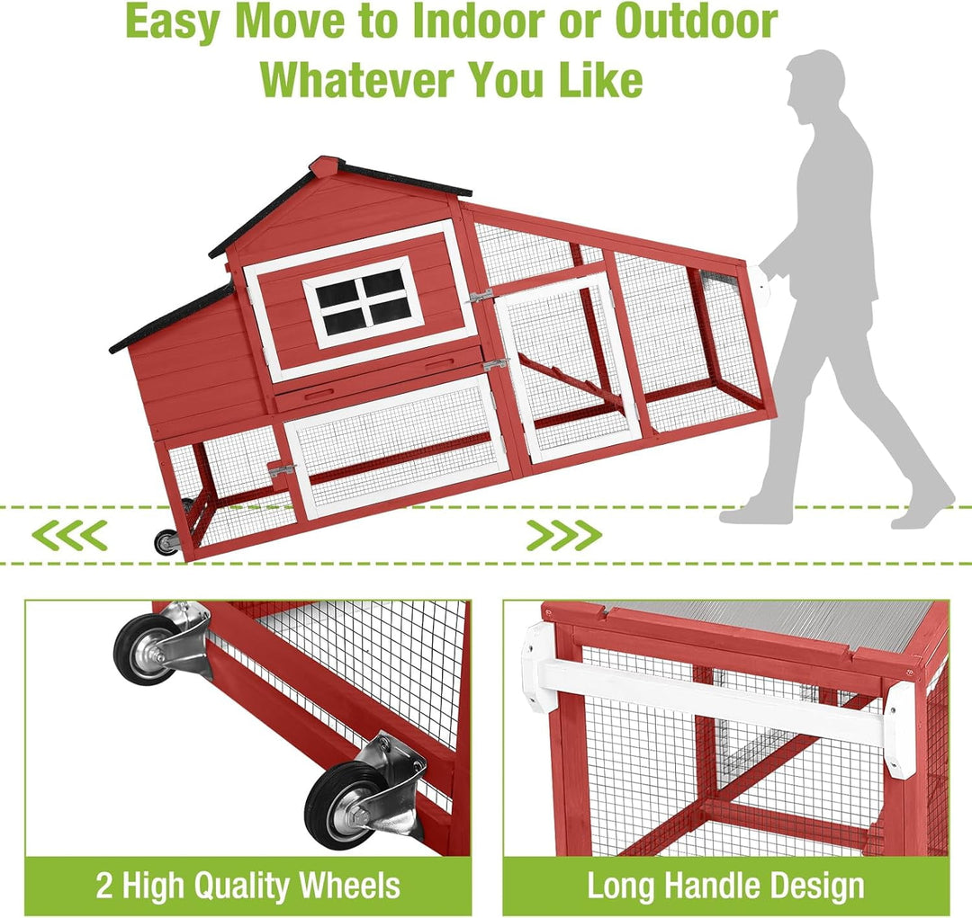 MEDEHOO Chicken Coop Mobile Chicken House On Wheel Outdoor Rabbit Hutch for 2-4 Chickens 67"(Red) AIR023-R2