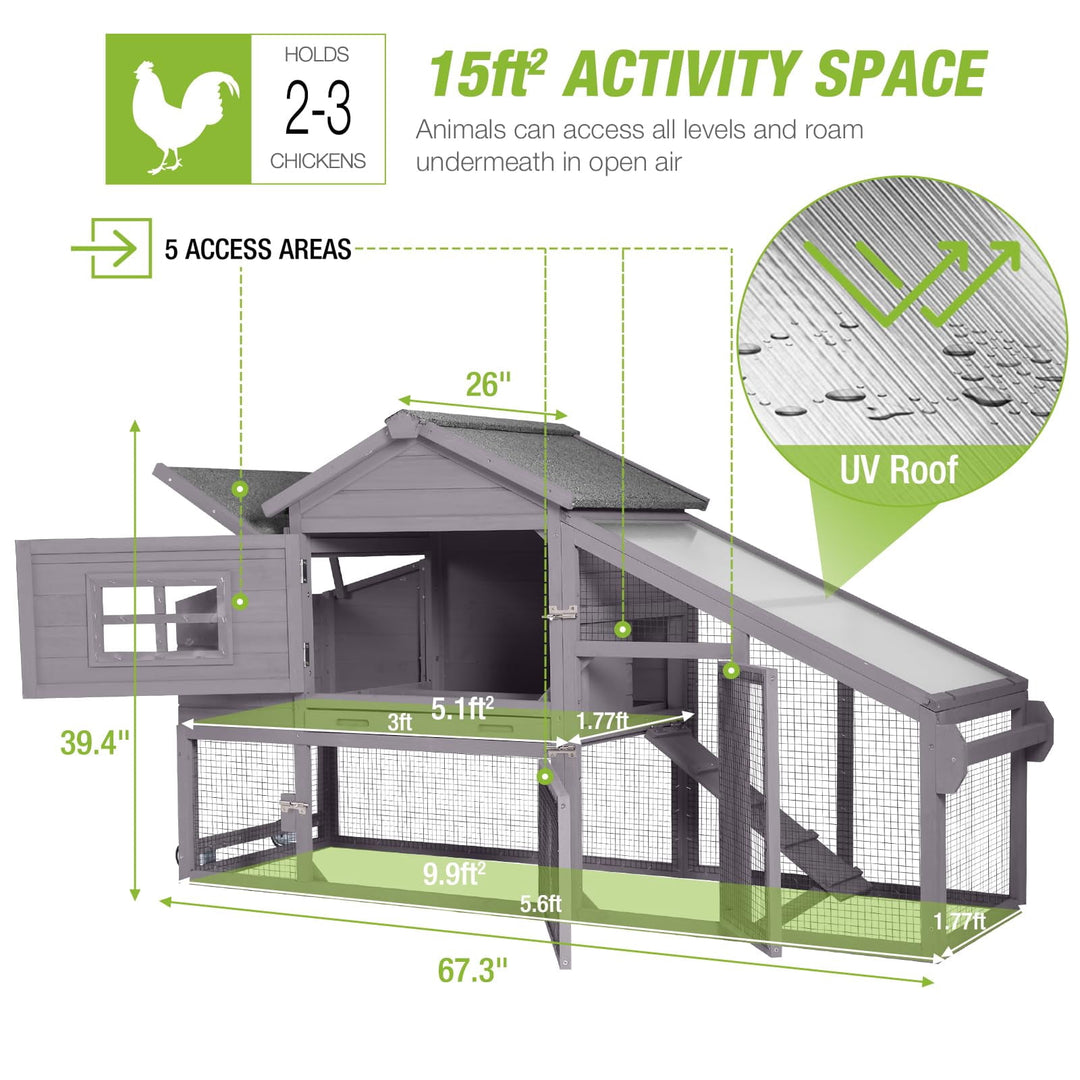 BUTINGLALE Outdoor Mobile Chicken Coop with Wheels Hen House with Nesting Box Wooden Bunny Cage Large Duck House with Run UV Roof Rabbit Hutch(Grey) AIR23-D-N